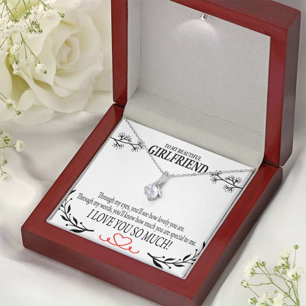 To My Girlfriend Special To Me Message Card W Mahogany Style Luxury Box Eternity Ribbon Stone Necklace - Alluring Beauty Necklace Gift For Her