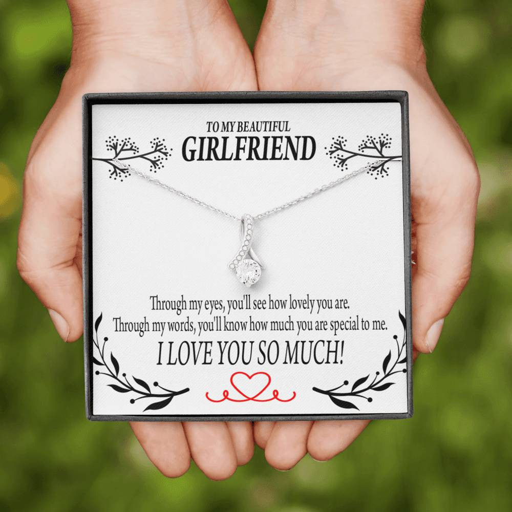 To My Girlfriend Special To Me Message Card W Mahogany Style Luxury Box Eternity Ribbon Stone Necklace - Alluring Beauty Necklace Gift For Her