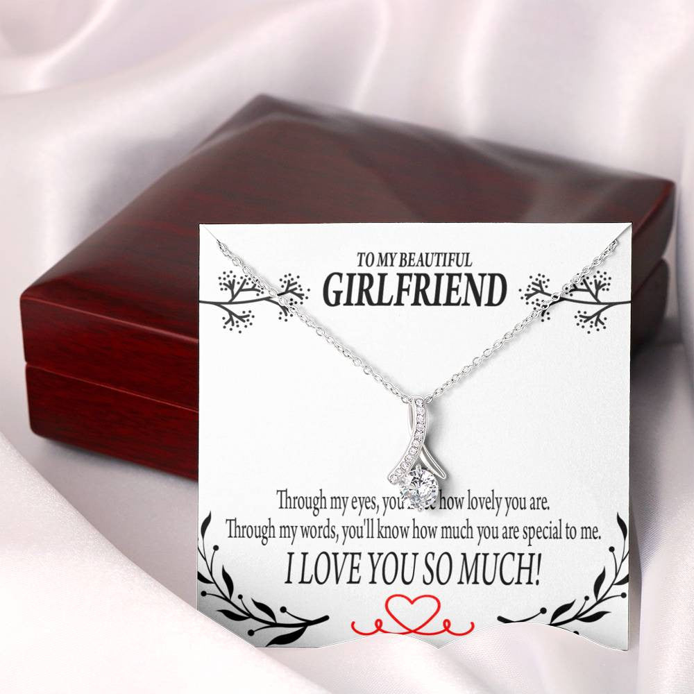 To My Girlfriend Special To Me Message Card W Mahogany Style Luxury Box Eternity Ribbon Stone Necklace - Alluring Beauty Necklace Gift For Her