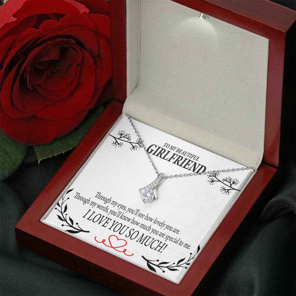To My Girlfriend Special To Me Message Card W Mahogany Style Luxury Box Eternity Ribbon Stone Necklace - Alluring Beauty Necklace Gift For Her