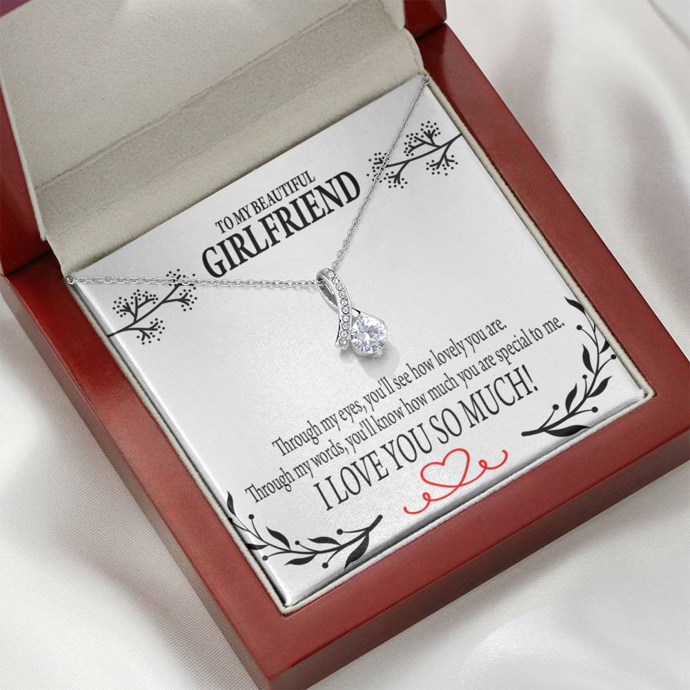 To My Girlfriend Special To Me Message Card W Mahogany Style Luxury Box Eternity Ribbon Stone Necklace - Alluring Beauty Necklace Gift For Her