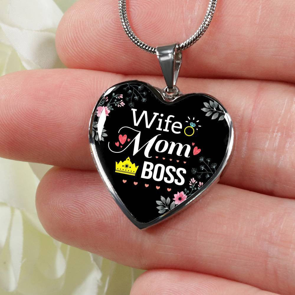 Wife. Mom. Boss Heart Pendant Necklace - Luxury Heart Pendant Necklace Gift Idea For Her/Him