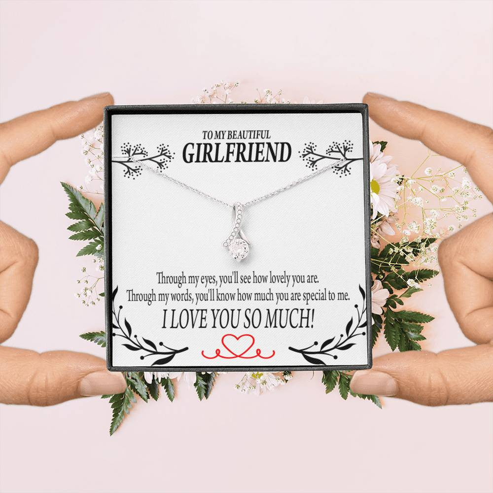 To My Girlfriend Special To Me Message Card W Mahogany Style Luxury Box Eternity Ribbon Stone Necklace - Alluring Beauty Necklace Gift For Her