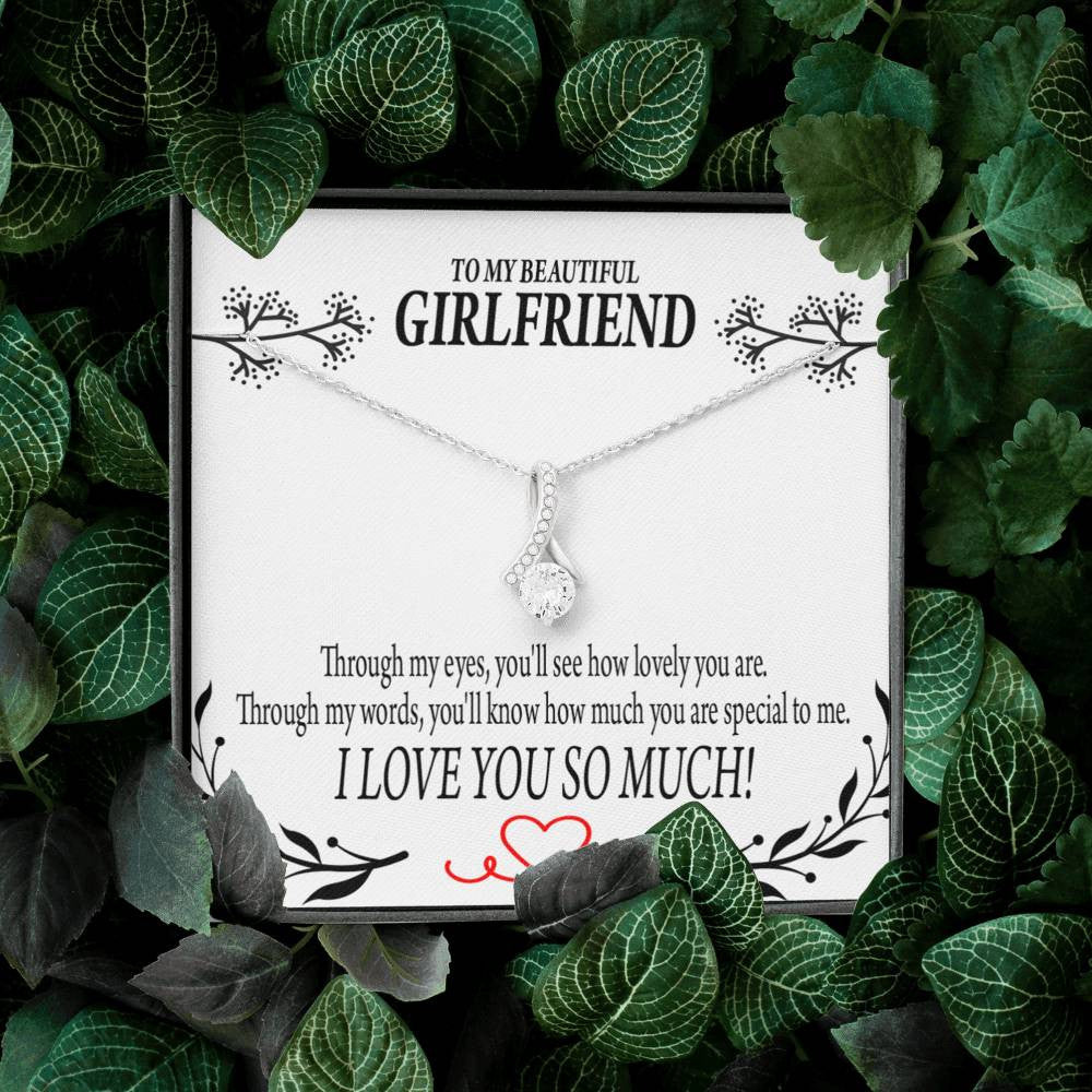 To My Girlfriend Special To Me Message Card W Mahogany Style Luxury Box Eternity Ribbon Stone Necklace - Alluring Beauty Necklace Gift For Her