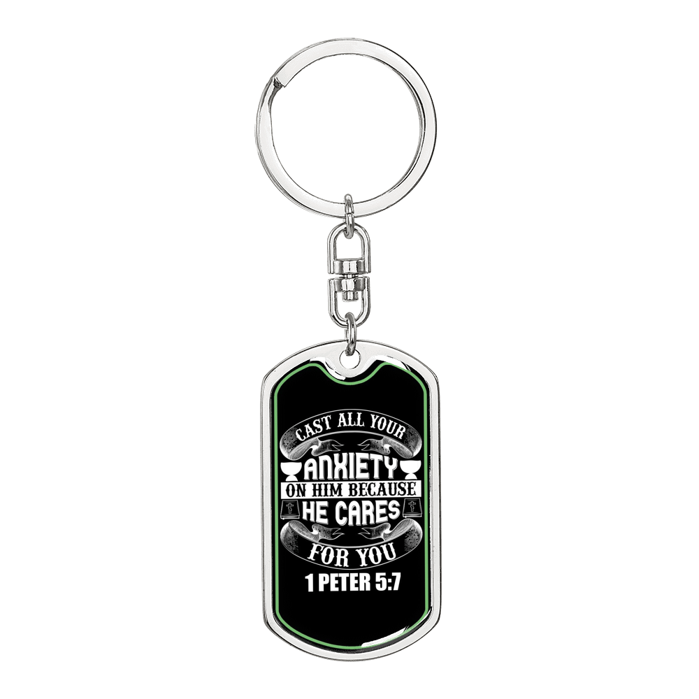 Anxiety On Him 1 Peter 5:7 Keychain Dog Tag Keyring - Dog Tag with Swivel Keychain
