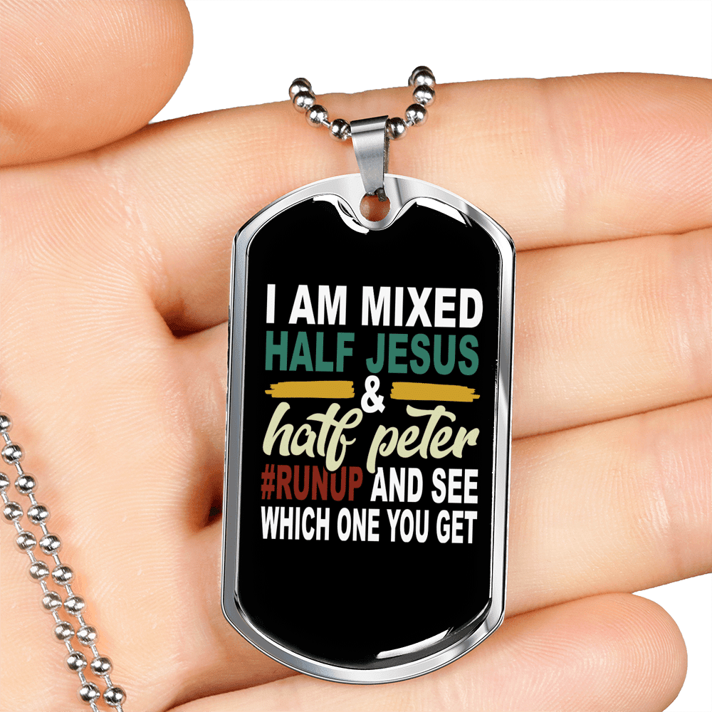 Half Jesus Half Peter Necklace Dog Tag 24" Chain - Luxury Love Messages Dog Tag Gifts For Him
