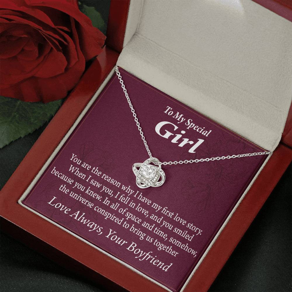 To My Girlfriend The Reason For First Love Story Love Knot Pendant Necklace Stainless Steel W Cz Stone - Luxury Love Knot Necklace Meanful Gift Idea For Her/Him