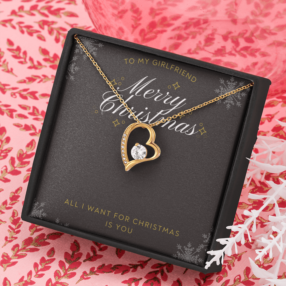 To My Girlfriend All I want For Christmas Message Card Forever Necklace 18k Gold or Stainless Steel 18" Necklace - Forever Love Necklace Gift Idea For Woman