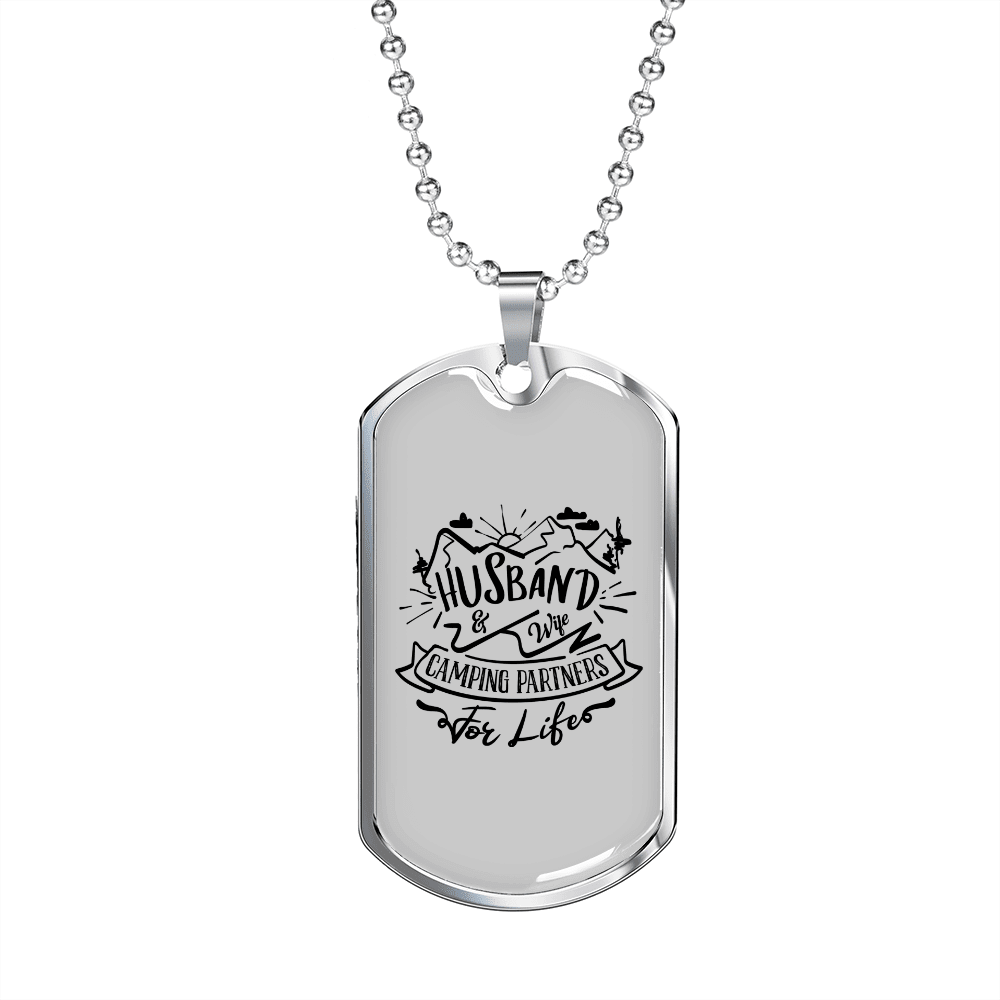 To My Husband Husband & Wife Camping Partners White Necklace Stainless Steel or 18k Gold Dog Tag 24" Chain - Luxury Love Messages Dog Tag Gifts For Man, Woman