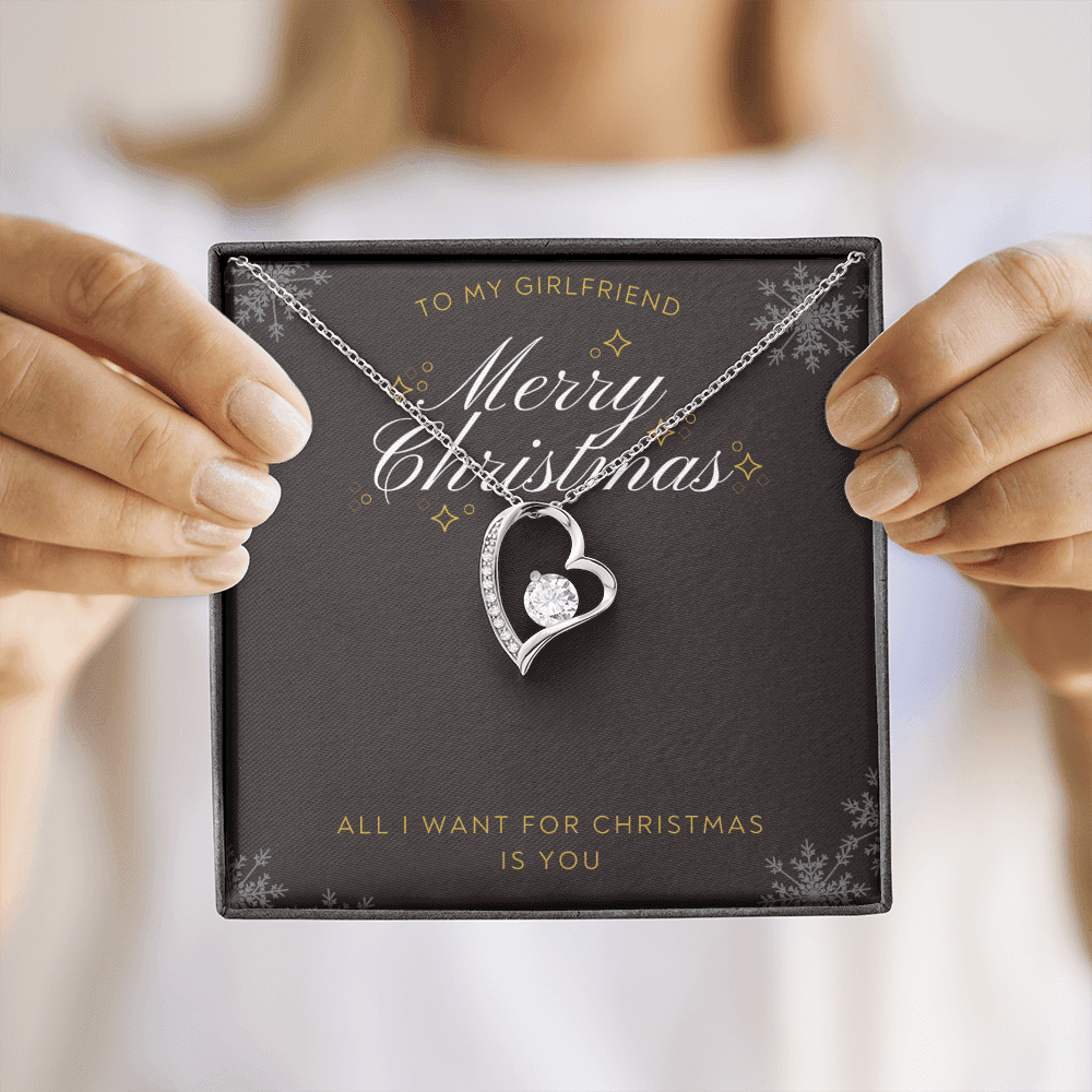 To My Girlfriend All I want For Christmas Message Card Forever Necklace 18k Gold or Stainless Steel 18" Necklace - Forever Love Necklace Gift Idea For Woman