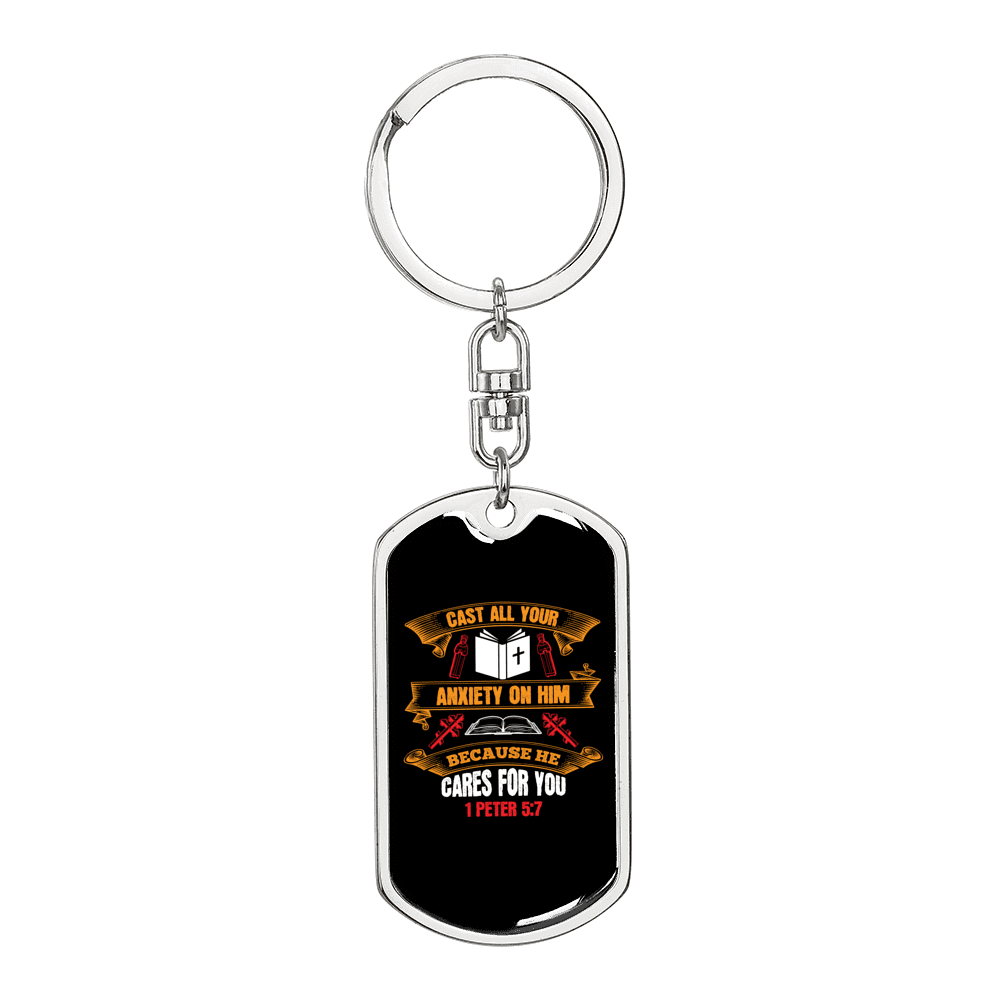 Cast All Your Anxiety 1 Peter 5:7 Keychain Dog Tag Keyring - Dog Tag with Swivel Keychain