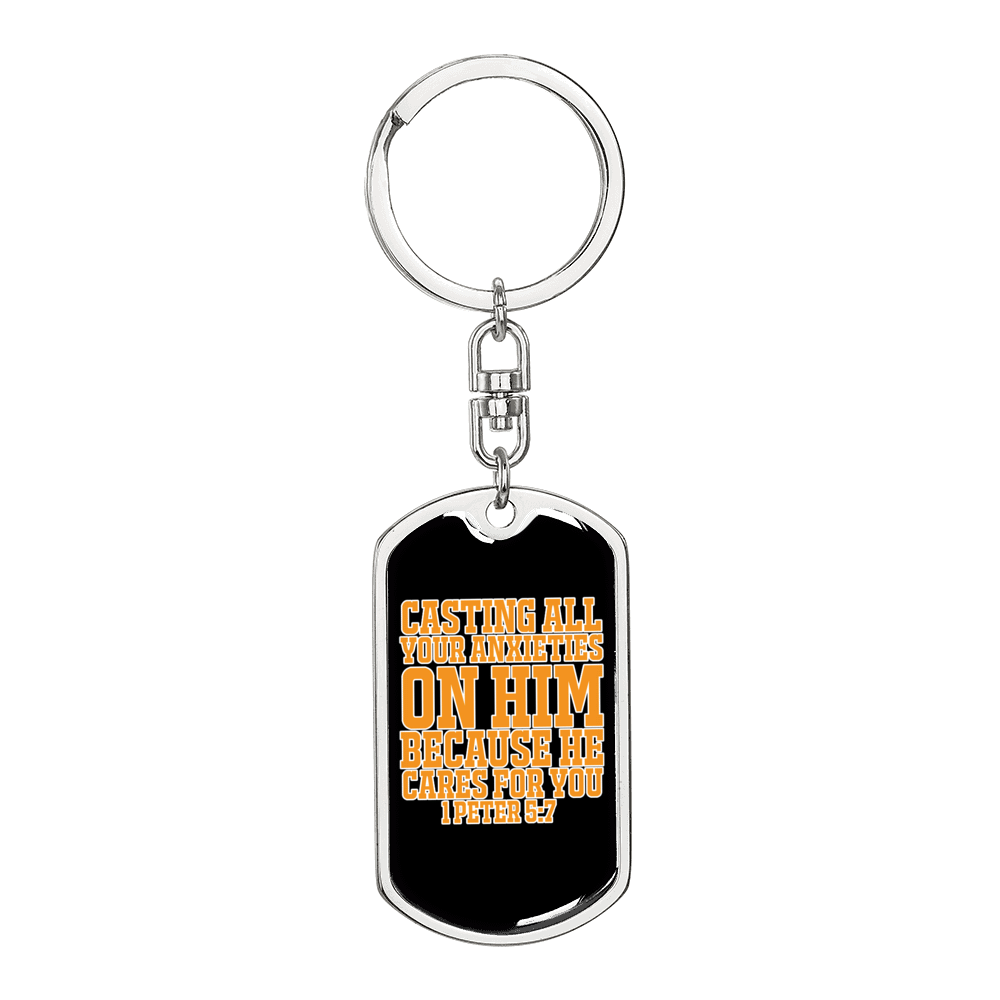 Casting Anxieties 1 Peter 5:7 Keychain Dog Tag Keyring - Dog Tag with Swivel Keychain