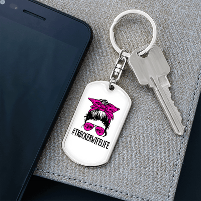 Trucker Wife Life Swivel Keychain Dog Tag Stainless Steel or 18k Gold - Dog Tag with Swivel Keychain