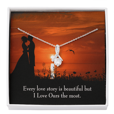 To My Girlfriend Love Our Story Message Card W Mahogany Style Luxury Box Eternity Ribbon Stone Necklace - Alluring Beauty Necklace Gift For Her