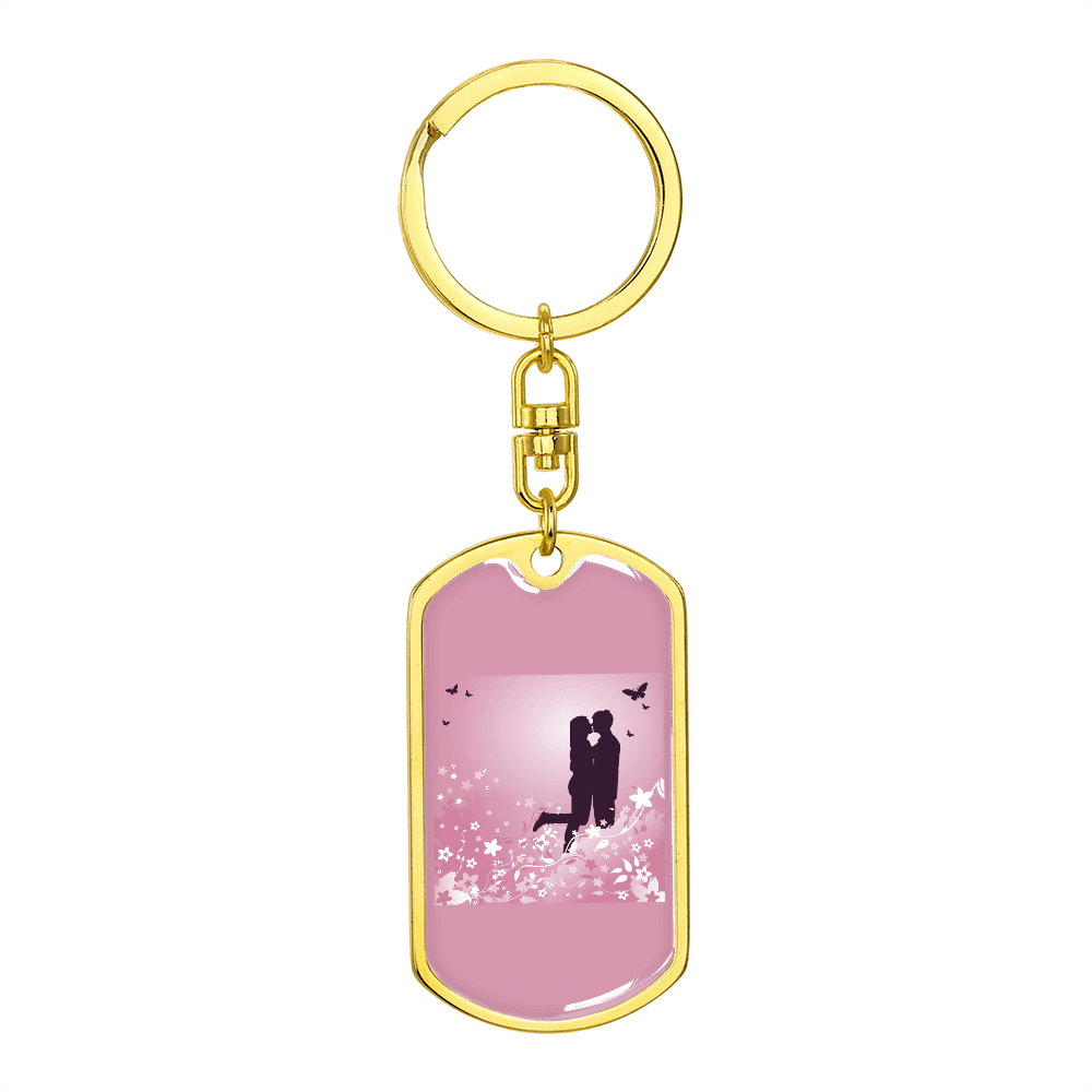 To My Wife  Love Couple Pink Floral Keychain Stainless Steel or 18k Gold Dog Tag Keyring - Dog Tag with Swivel Keychain