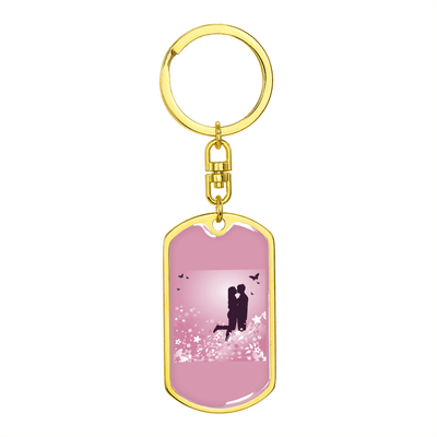 To My Wife  Love Couple Pink Floral Keychain Stainless Steel or 18k Gold Dog Tag Keyring - Dog Tag with Swivel Keychain