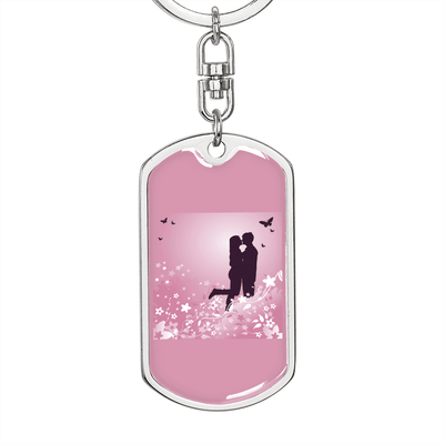 To My Wife  Love Couple Pink Floral Keychain Stainless Steel or 18k Gold Dog Tag Keyring - Dog Tag with Swivel Keychain