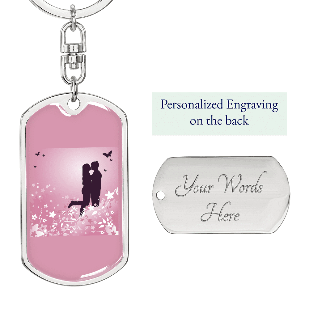 To My Wife  Love Couple Pink Floral Keychain Stainless Steel or 18k Gold Dog Tag Keyring - Dog Tag with Swivel Keychain