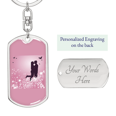 To My Wife  Love Couple Pink Floral Keychain Stainless Steel or 18k Gold Dog Tag Keyring - Dog Tag with Swivel Keychain