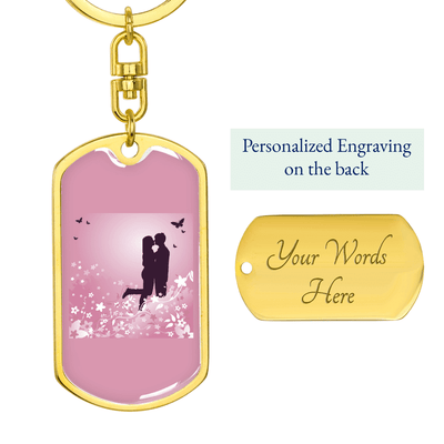 To My Wife  Love Couple Pink Floral Keychain Stainless Steel or 18k Gold Dog Tag Keyring - Dog Tag with Swivel Keychain