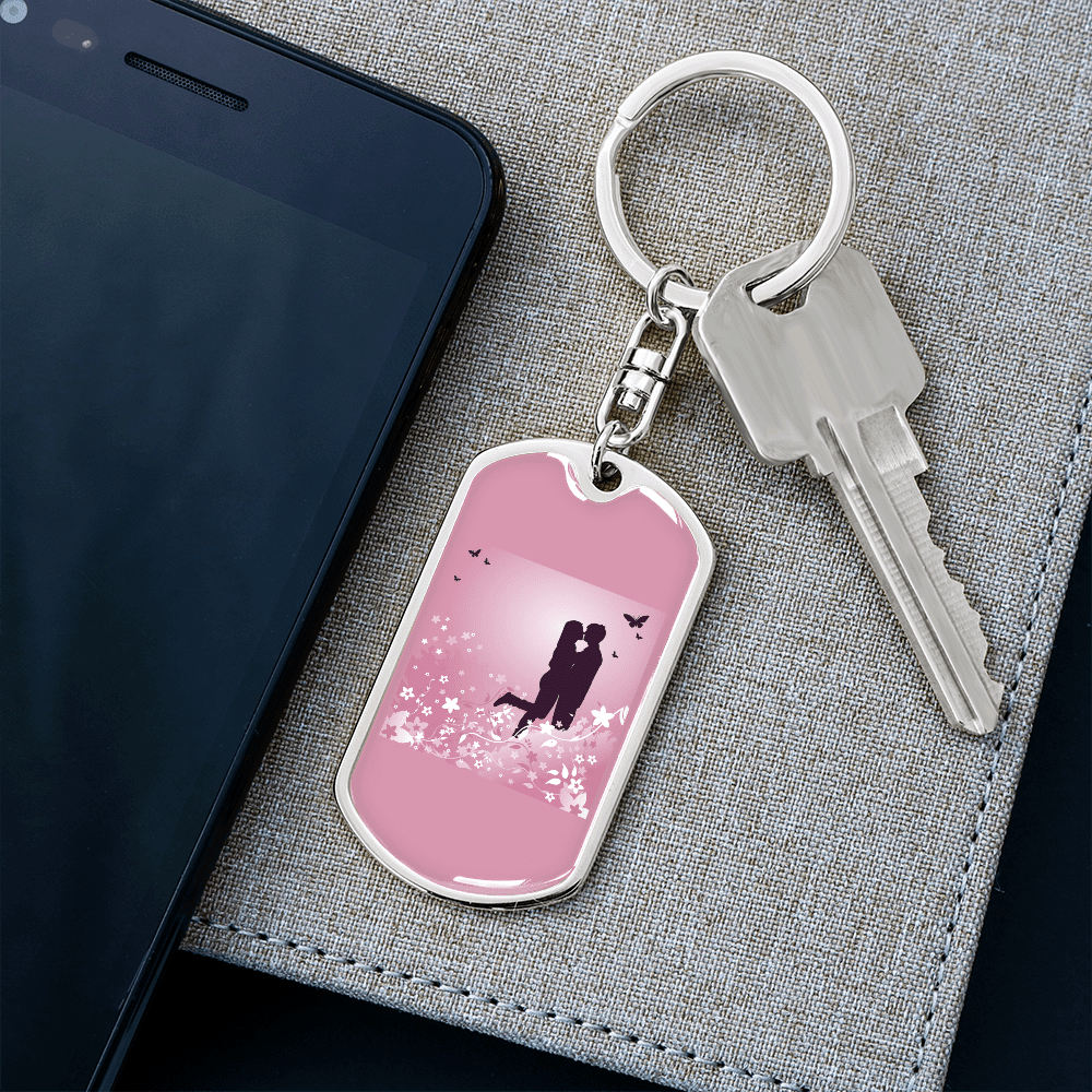 To My Wife  Love Couple Pink Floral Keychain Stainless Steel or 18k Gold Dog Tag Keyring - Dog Tag with Swivel Keychain