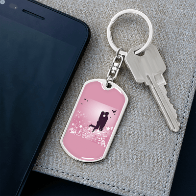 To My Wife  Love Couple Pink Floral Keychain Stainless Steel or 18k Gold Dog Tag Keyring - Dog Tag with Swivel Keychain