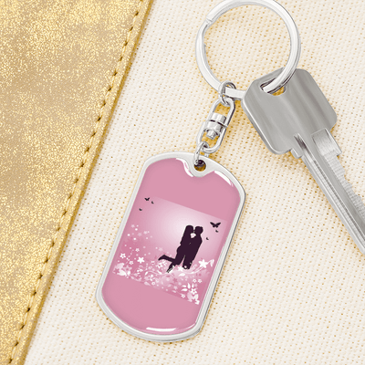 To My Wife  Love Couple Pink Floral Keychain Stainless Steel or 18k Gold Dog Tag Keyring - Dog Tag with Swivel Keychain