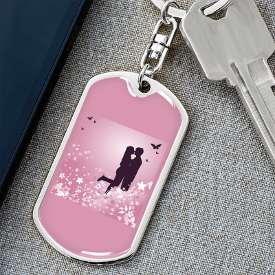 To My Wife  Love Couple Pink Floral Keychain Stainless Steel or 18k Gold Dog Tag Keyring - Dog Tag with Swivel Keychain
