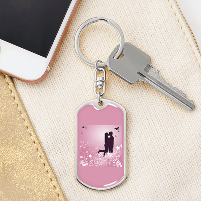 To My Wife  Love Couple Pink Floral Keychain Stainless Steel or 18k Gold Dog Tag Keyring - Dog Tag with Swivel Keychain