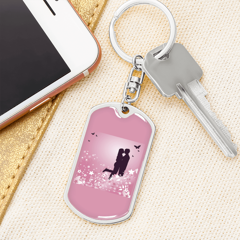 To My Wife  Love Couple Pink Floral Keychain Stainless Steel or 18k Gold Dog Tag Keyring - Dog Tag with Swivel Keychain