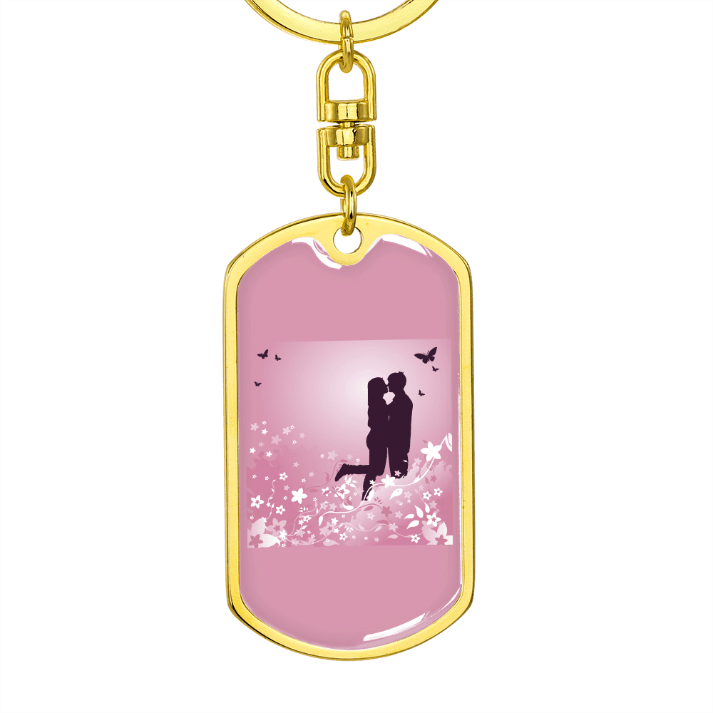 To My Wife  Love Couple Pink Floral Keychain Stainless Steel or 18k Gold Dog Tag Keyring - Dog Tag with Swivel Keychain