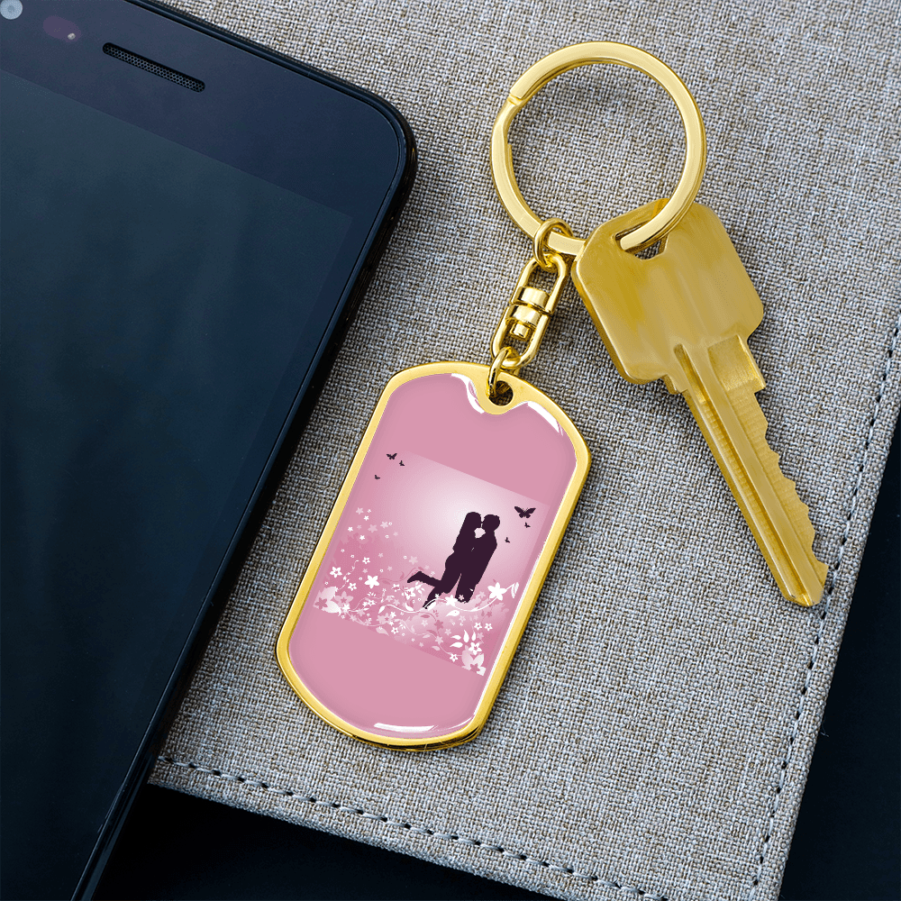 To My Wife  Love Couple Pink Floral Keychain Stainless Steel or 18k Gold Dog Tag Keyring - Dog Tag with Swivel Keychain