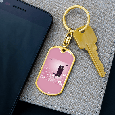 To My Wife  Love Couple Pink Floral Keychain Stainless Steel or 18k Gold Dog Tag Keyring - Dog Tag with Swivel Keychain