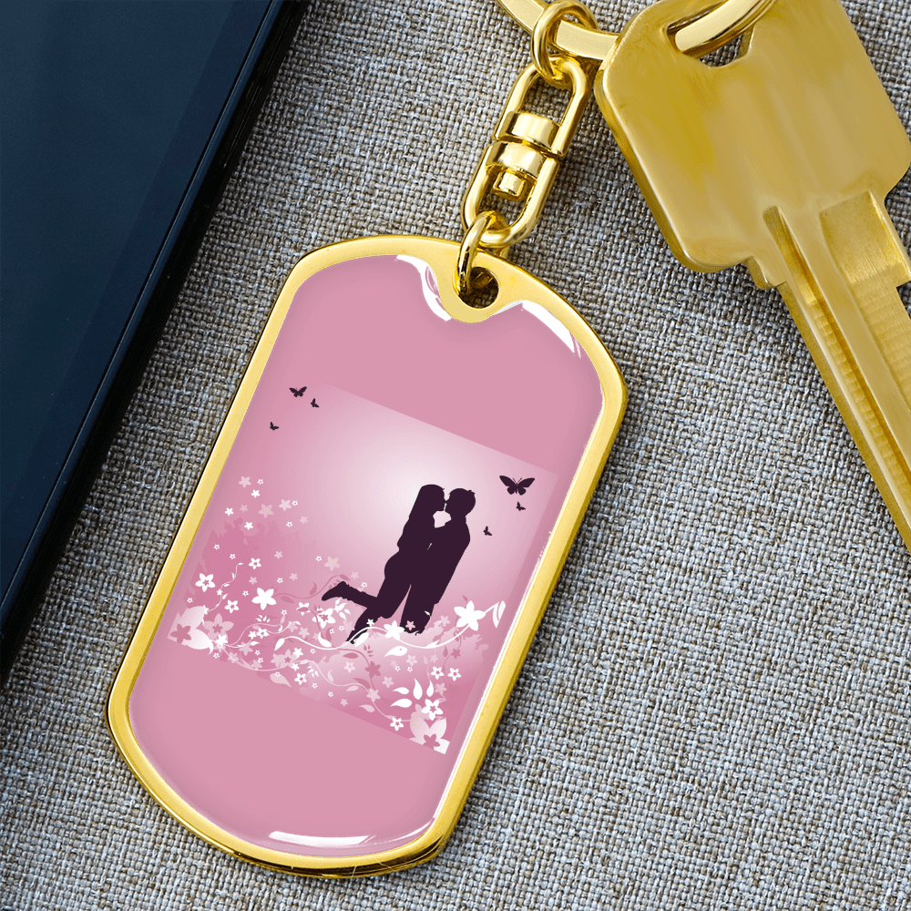 To My Wife  Love Couple Pink Floral Keychain Stainless Steel or 18k Gold Dog Tag Keyring - Dog Tag with Swivel Keychain