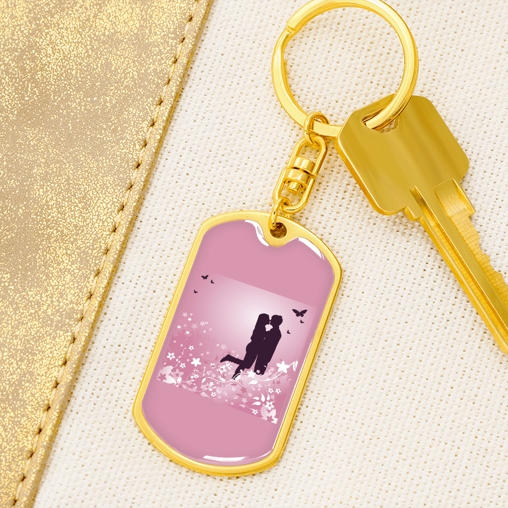 To My Wife  Love Couple Pink Floral Keychain Stainless Steel or 18k Gold Dog Tag Keyring - Dog Tag with Swivel Keychain