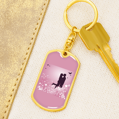 To My Wife  Love Couple Pink Floral Keychain Stainless Steel or 18k Gold Dog Tag Keyring - Dog Tag with Swivel Keychain