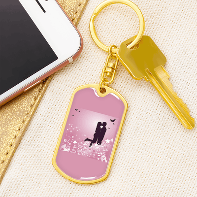 To My Wife  Love Couple Pink Floral Keychain Stainless Steel or 18k Gold Dog Tag Keyring - Dog Tag with Swivel Keychain