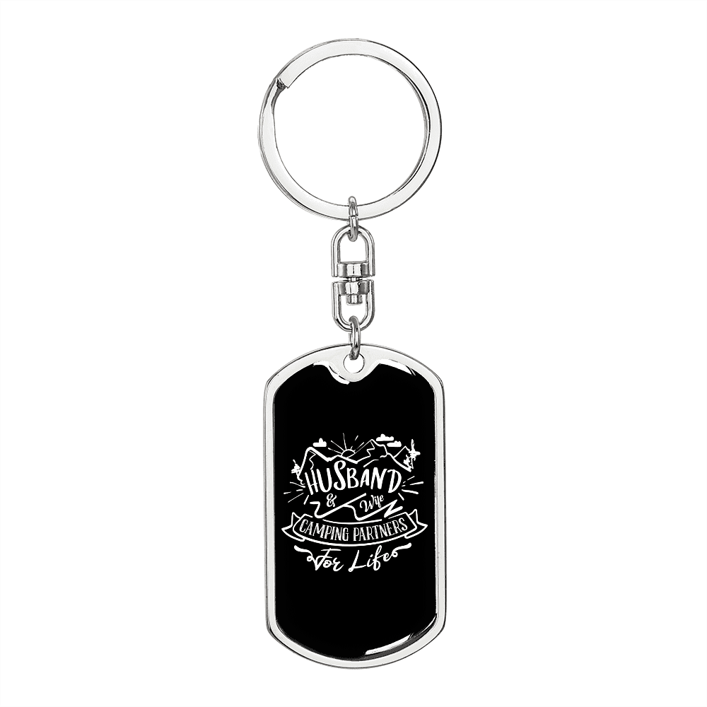 To My Wife  Camping Partners For Life Plain Black Keychain Stainless Steel or 18k Gold Dog Tag Keyring - Dog Tag with Swivel Keychain