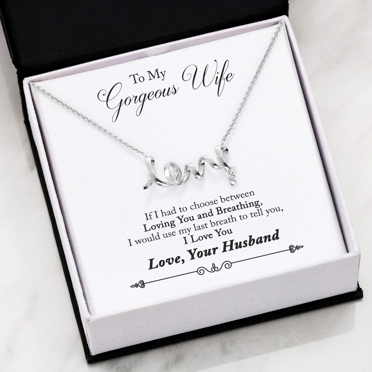 To My Gorgeous Wife Scripted Love Card Necklace Stainless Steel 16-22" Chain - Love Script Necklace