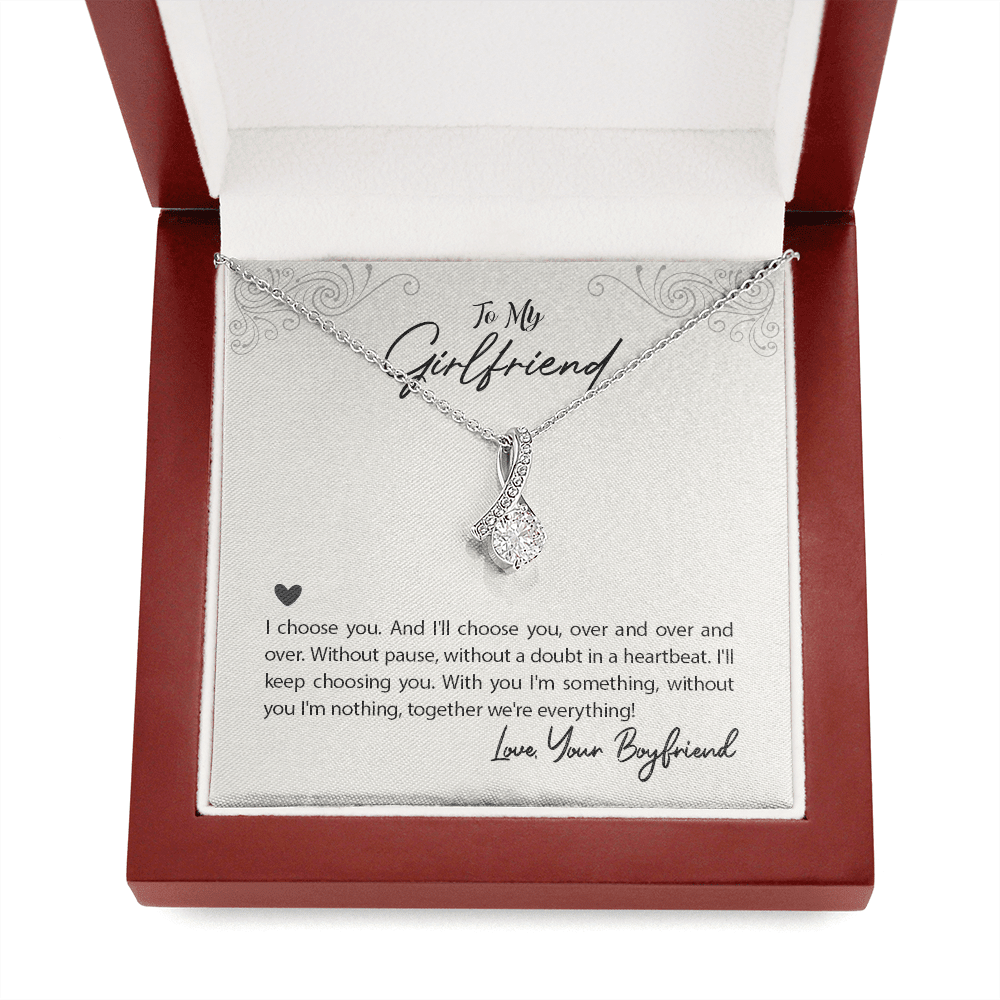 To My Girlfriend I Choose You Message Card W Mahogany Style Luxury Box Eternity Ribbon Stone Necklace - Alluring Beauty Necklace Gift For Her