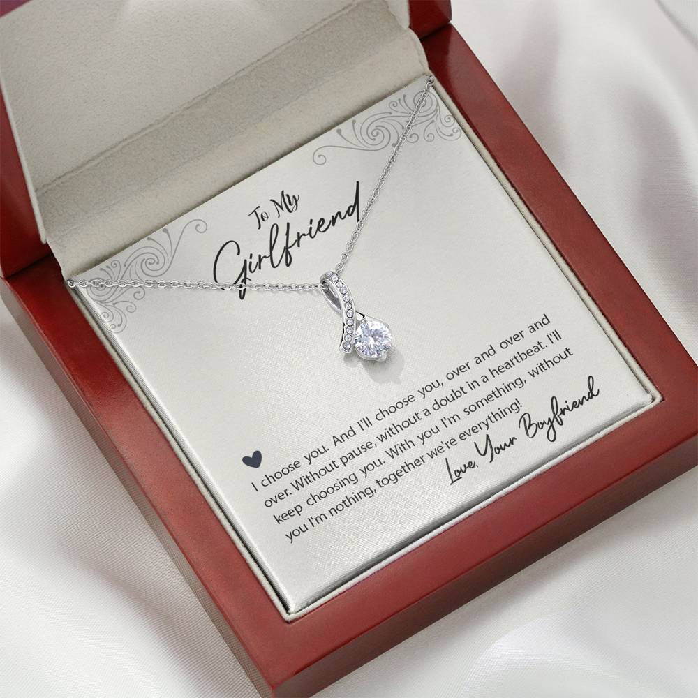 To My Girlfriend I Choose You Message Card W Mahogany Style Luxury Box Eternity Ribbon Stone Necklace - Alluring Beauty Necklace Gift For Her