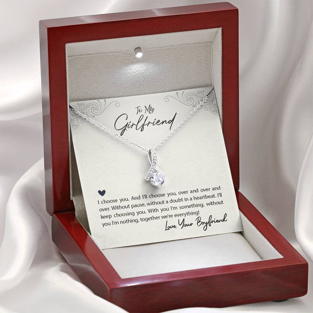 To My Girlfriend I Choose You Message Card W Mahogany Style Luxury Box Eternity Ribbon Stone Necklace - Alluring Beauty Necklace Gift For Her