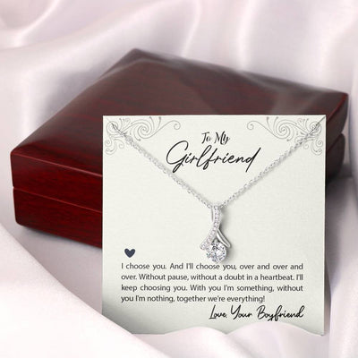 To My Girlfriend I Choose You Message Card W Mahogany Style Luxury Box Eternity Ribbon Stone Necklace - Alluring Beauty Necklace Gift For Her