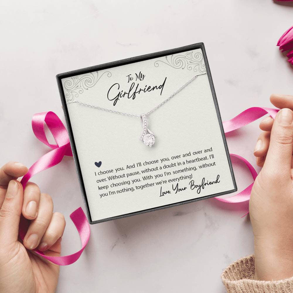 To My Girlfriend I Choose You Message Card W Mahogany Style Luxury Box Eternity Ribbon Stone Necklace - Alluring Beauty Necklace Gift For Her