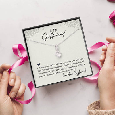 To My Girlfriend I Choose You Message Card W Mahogany Style Luxury Box Eternity Ribbon Stone Necklace - Alluring Beauty Necklace Gift For Her