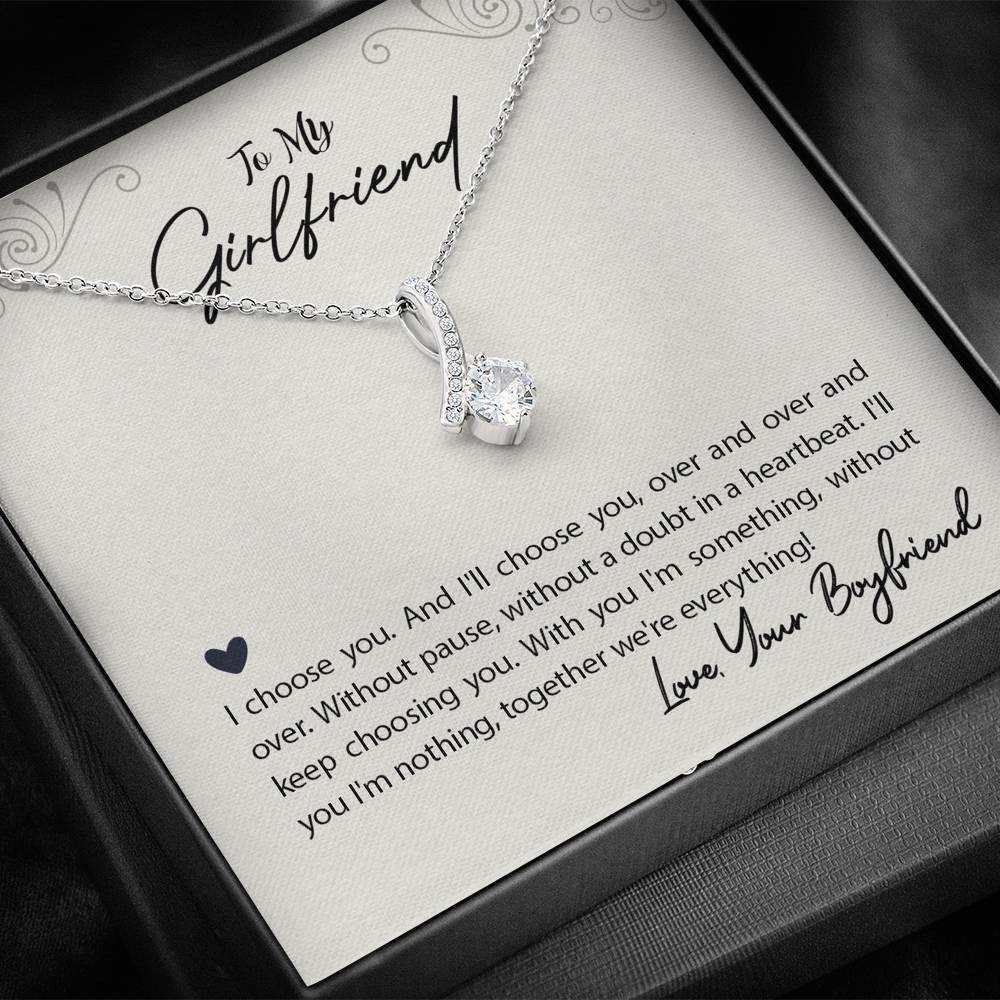 To My Girlfriend I Choose You Message Card W Mahogany Style Luxury Box Eternity Ribbon Stone Necklace - Alluring Beauty Necklace Gift For Her