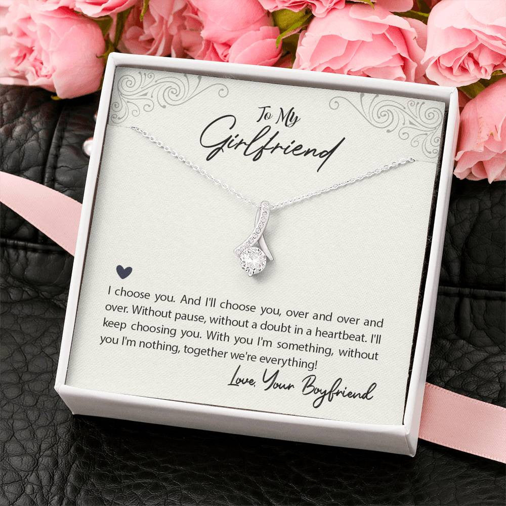 To My Girlfriend I Choose You Message Card W Mahogany Style Luxury Box Eternity Ribbon Stone Necklace - Alluring Beauty Necklace Gift For Her