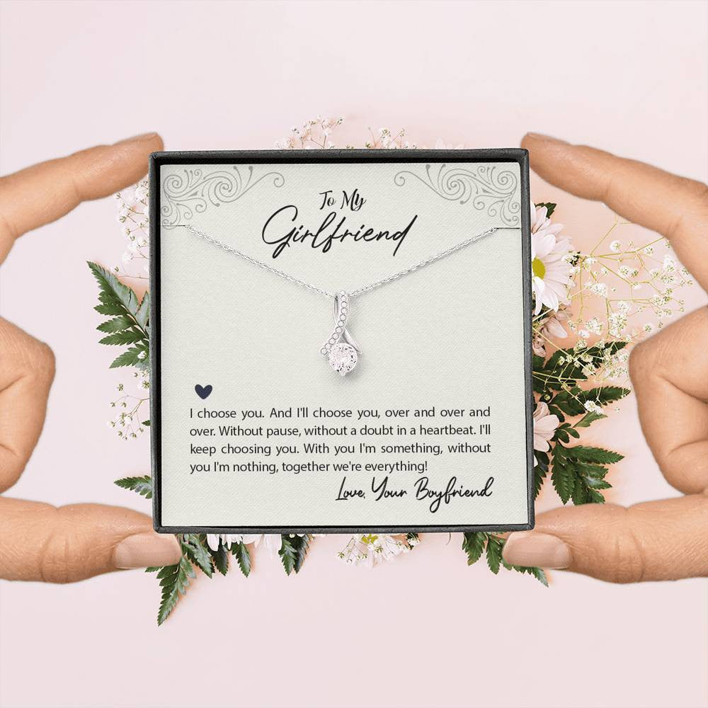 To My Girlfriend I Choose You Message Card W Mahogany Style Luxury Box Eternity Ribbon Stone Necklace - Alluring Beauty Necklace Gift For Her