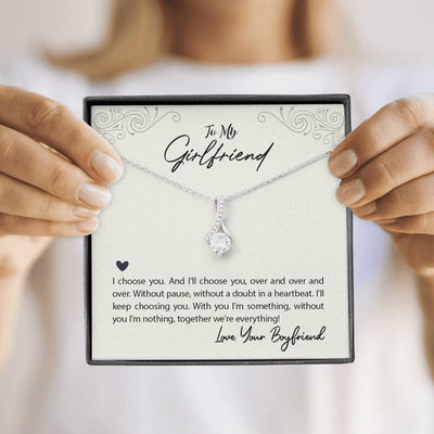 To My Girlfriend I Choose You Message Card W Mahogany Style Luxury Box Eternity Ribbon Stone Necklace - Alluring Beauty Necklace Gift For Her