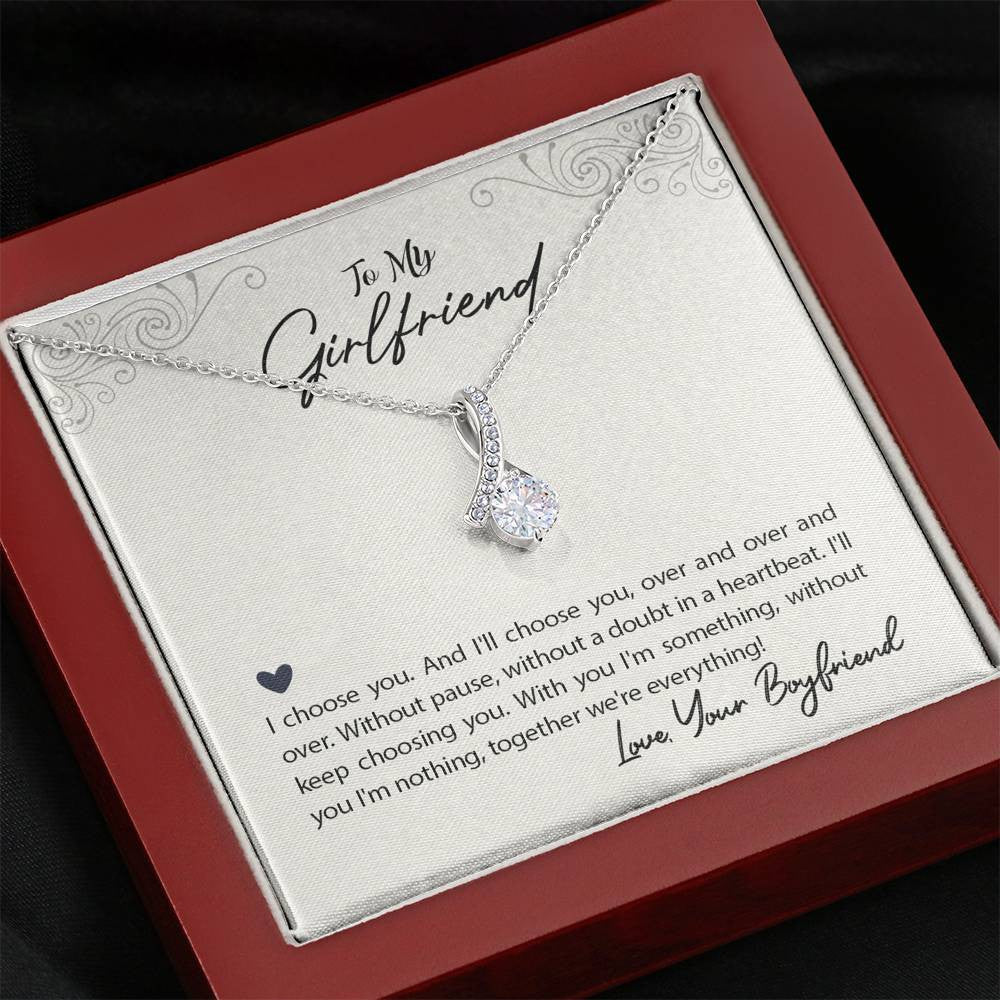 To My Girlfriend I Choose You Message Card W Mahogany Style Luxury Box Eternity Ribbon Stone Necklace - Alluring Beauty Necklace Gift For Her